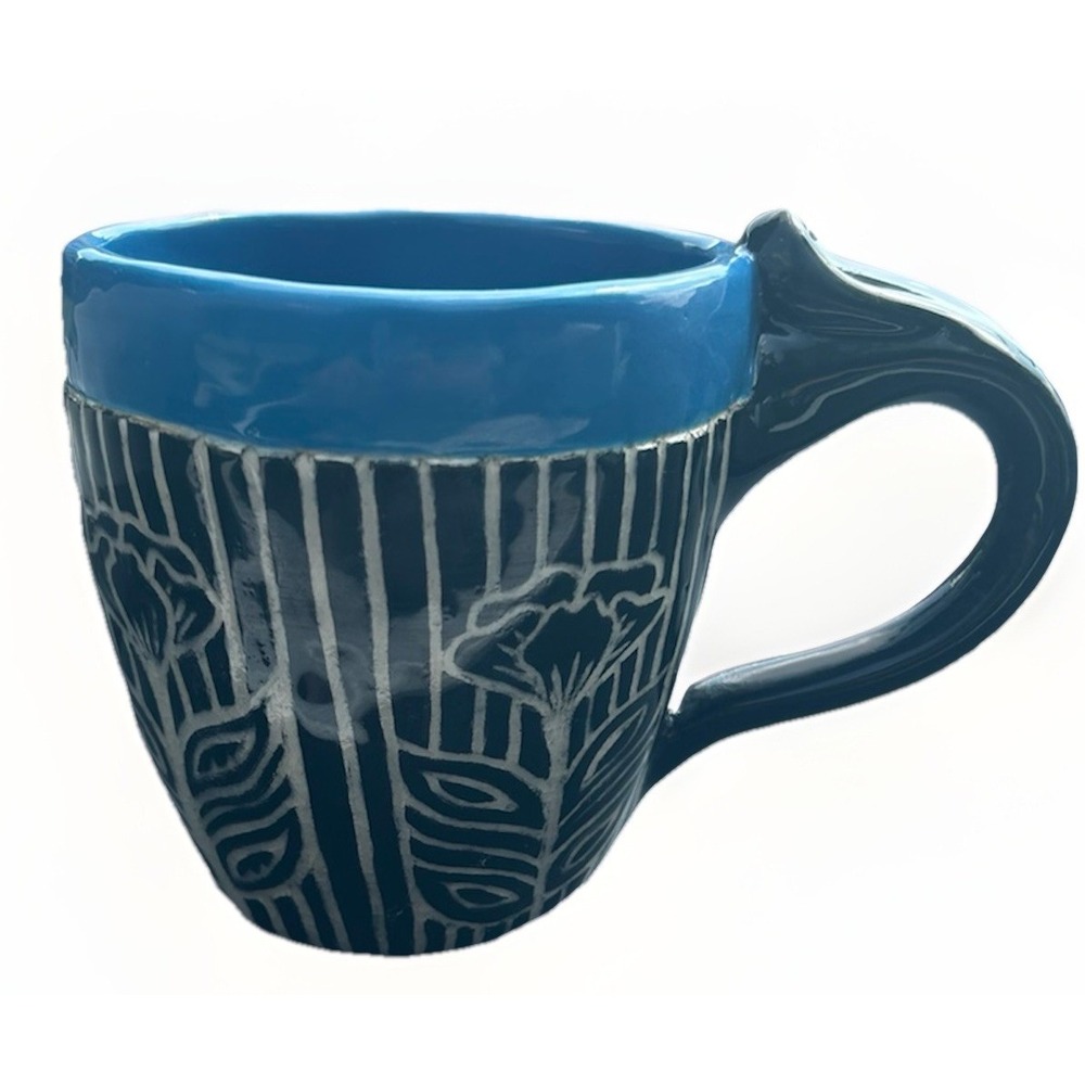 Studio Pottery Mug Sgraffito Blue Black Flowers Stoneware Signed KC
